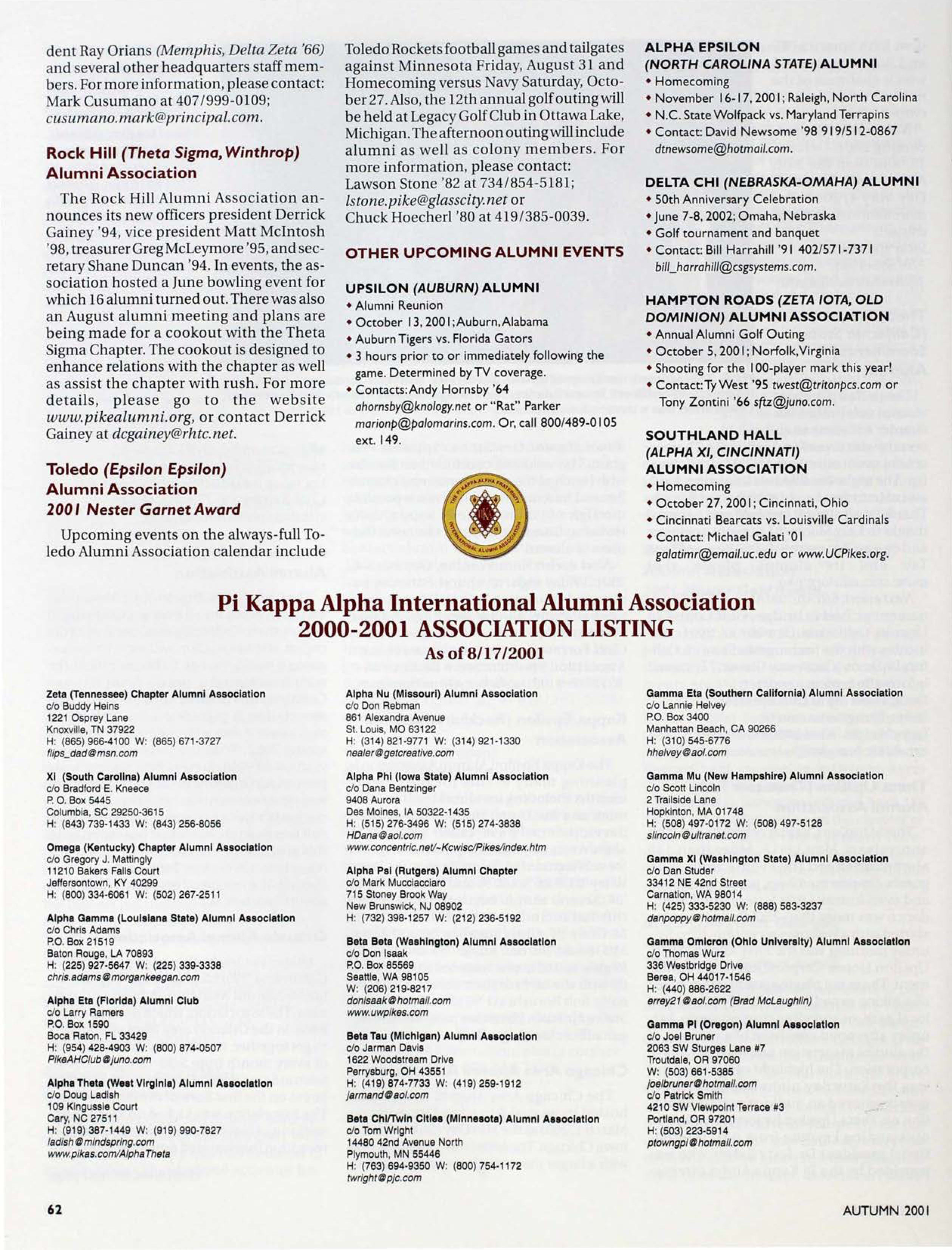 Pi Kappa Alpha International Alumni Association 2000-2001 Association Listing, Autumn 2001